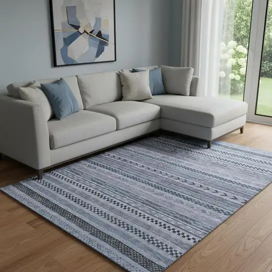 Blue And Gray Striped Washable Area Rug With UV Protection Photo 2