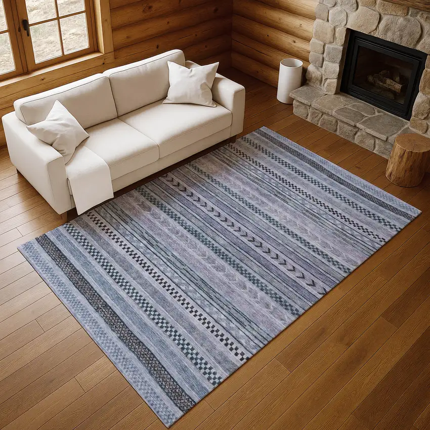 Blue And Gray Striped Washable Area Rug With UV Protection Photo 4