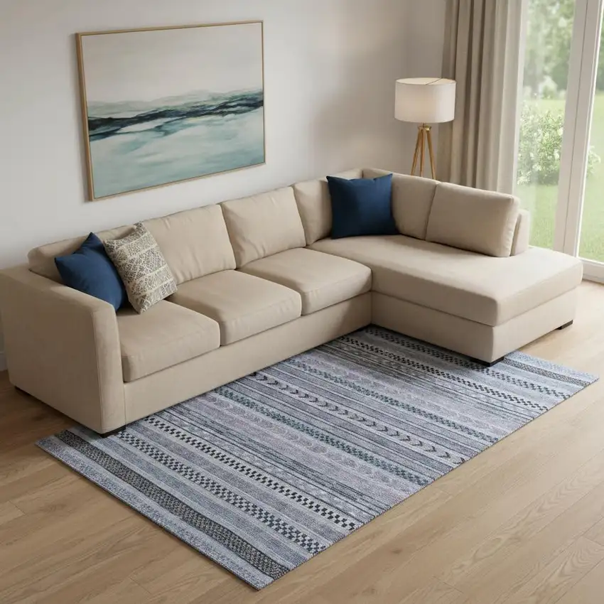 Blue And Gray Striped Washable Area Rug With UV Protection Photo 2