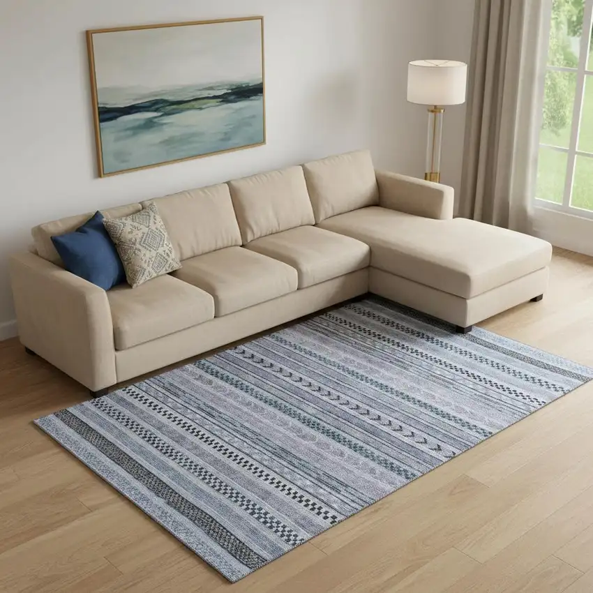 Blue And Gray Striped Washable Area Rug With UV Protection Photo 2