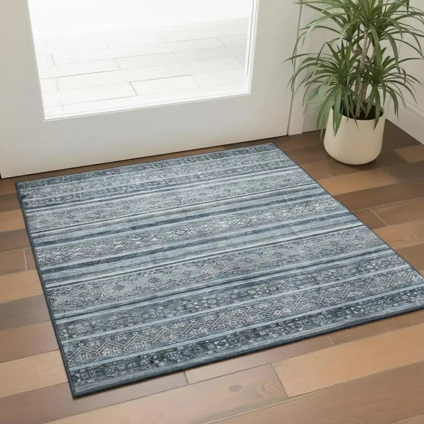 Blue And Gray Striped Washable Area Rug With UV Protection Photo 2
