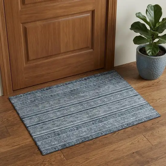 Blue And Gray Striped Washable Area Rug With UV Protection Photo 1
