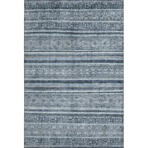 Photo of Blue And Gray Striped Washable Area Rug With UV Protection