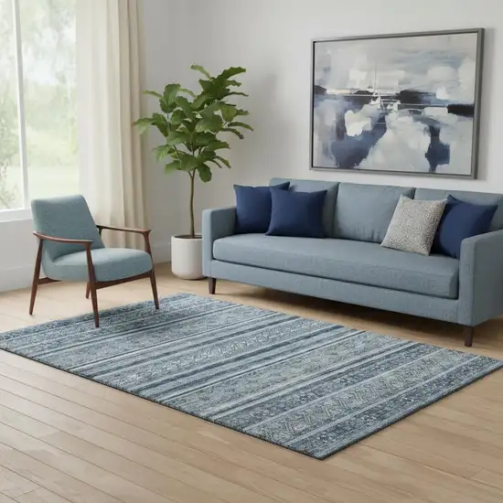 Blue And Gray Striped Washable Area Rug With UV Protection Photo 2