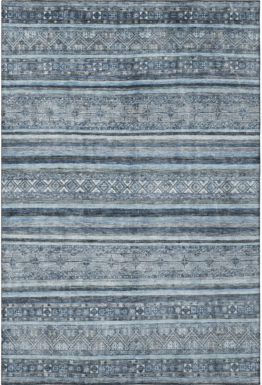 Blue And Gray Striped Washable Area Rug With UV Protection Photo 2
