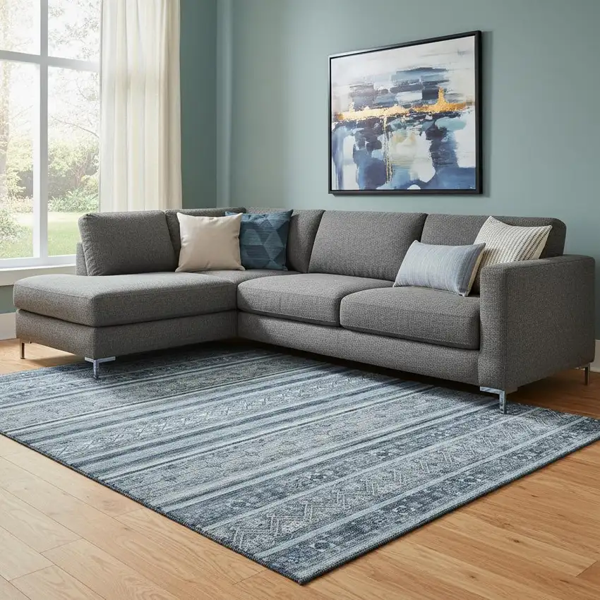 Blue And Gray Striped Washable Area Rug With UV Protection Photo 2