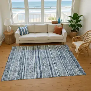 Photo of Blue And Gray Striped Washable Area Rug With UV Protection