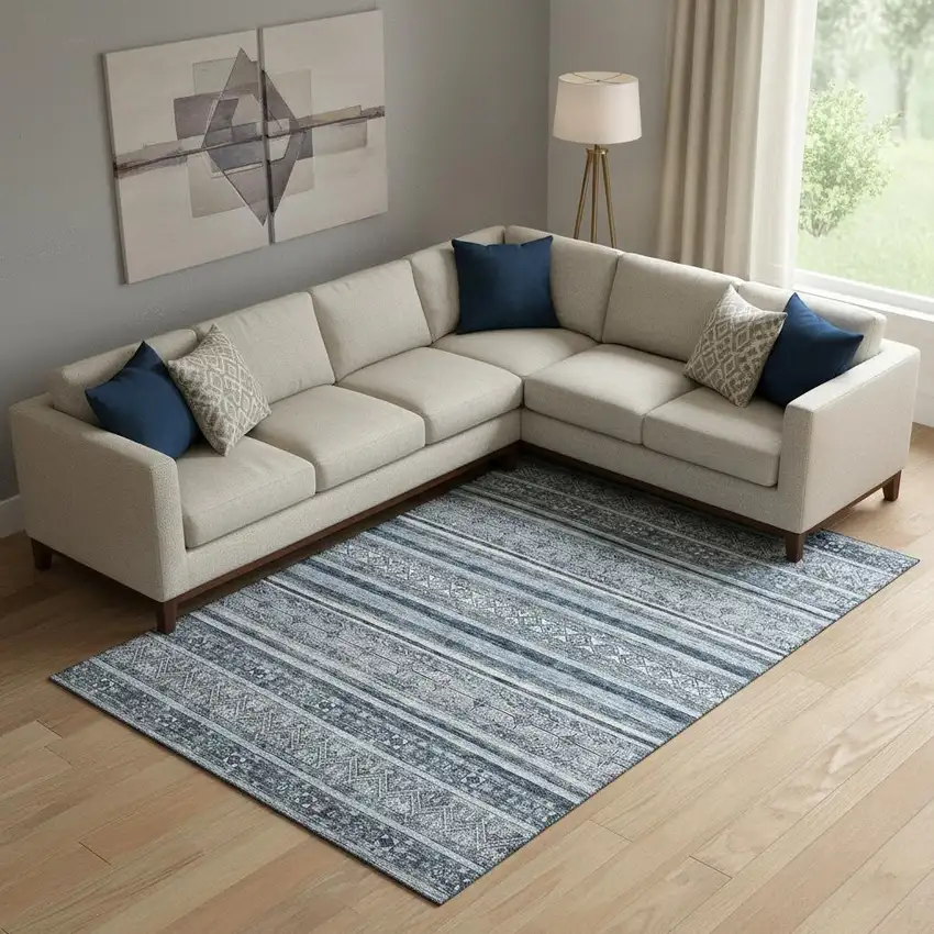 Blue And Gray Striped Washable Area Rug With UV Protection Photo 2