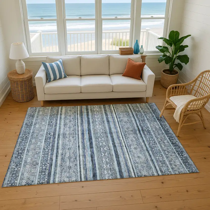 Blue And Gray Striped Washable Area Rug With UV Protection Photo 5