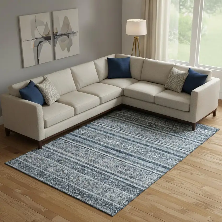 Blue And Gray Striped Washable Area Rug With UV Protection Photo 2