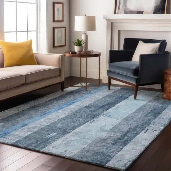 Blue And Gray Striped Washable Area Rug With UV Protection Photo 1