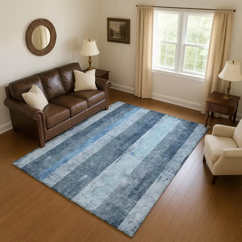 Blue And Gray Striped Washable Area Rug With UV Protection Photo 2