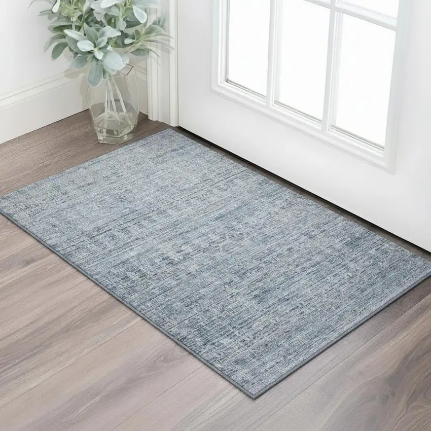 Blue And Gray Striped Washable Area Rug With UV Protection Photo 2