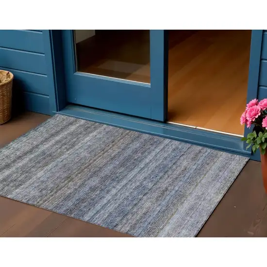Blue And Gray Striped Washable Indoor Outdoor Area Rug Photo 1