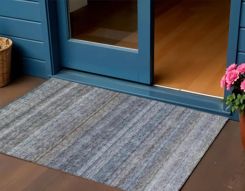 Blue And Gray Striped Washable Indoor Outdoor Area Rug Photo 1