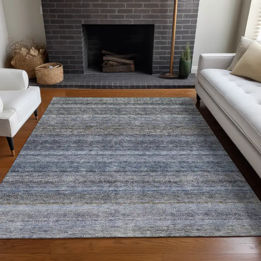 Blue And Gray Striped Washable Indoor Outdoor Area Rug Photo 9