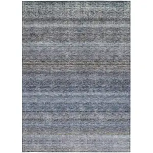 Photo of Blue And Gray Striped Washable Indoor Outdoor Area Rug