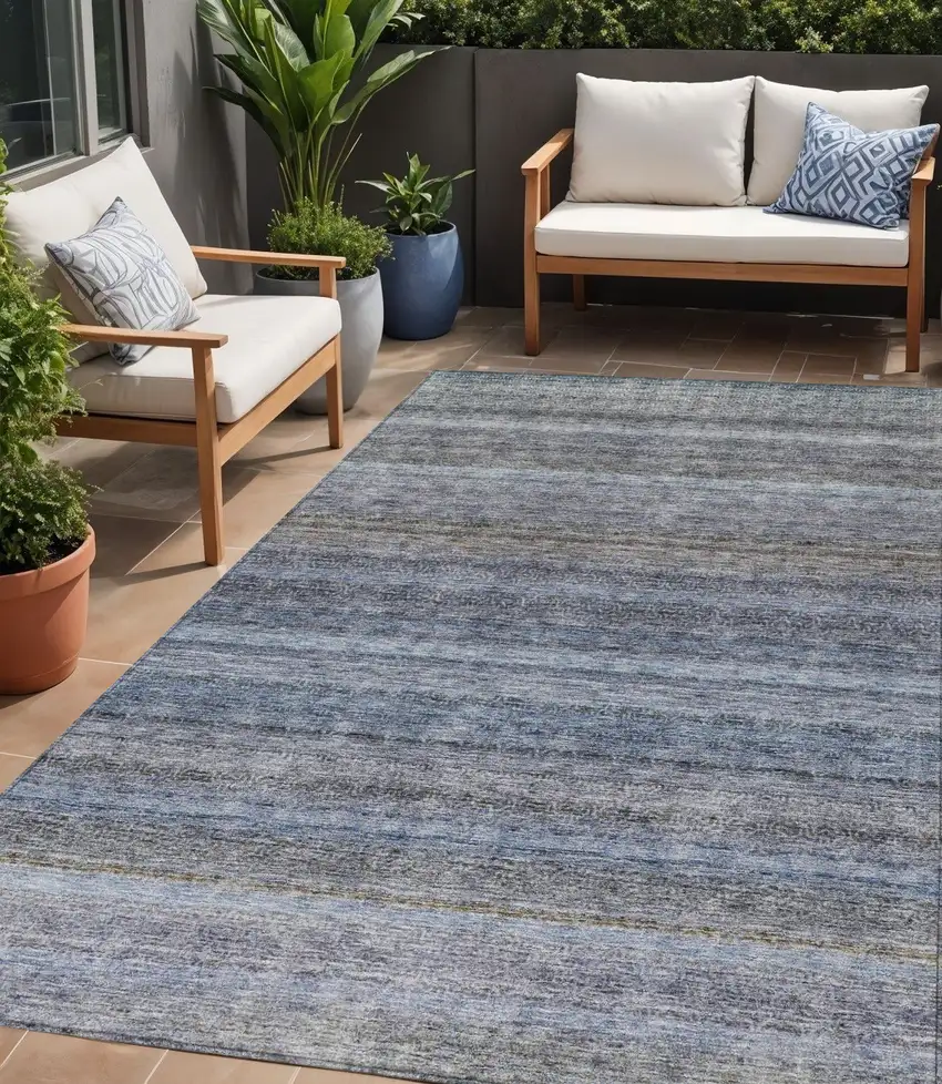 Blue And Gray Striped Washable Indoor Outdoor Area Rug Photo 1