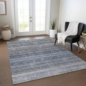 Photo of Blue And Gray Striped Washable Indoor Outdoor Area Rug