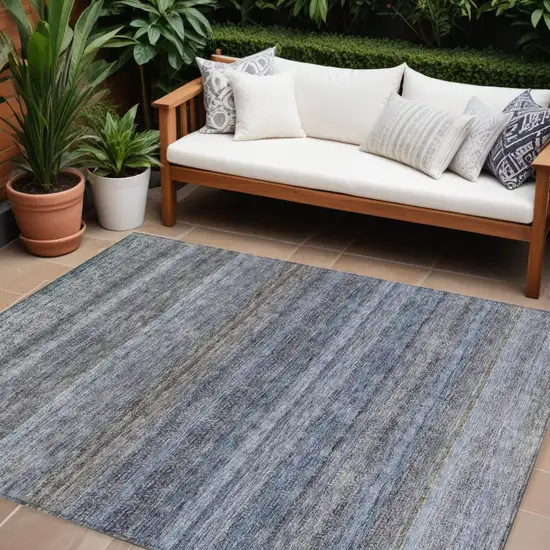 Blue And Gray Striped Washable Indoor Outdoor Area Rug Photo 1