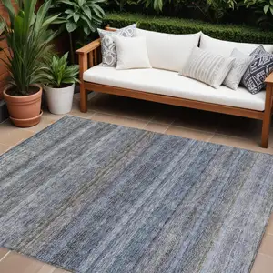Photo of Blue And Gray Striped Washable Indoor Outdoor Area Rug