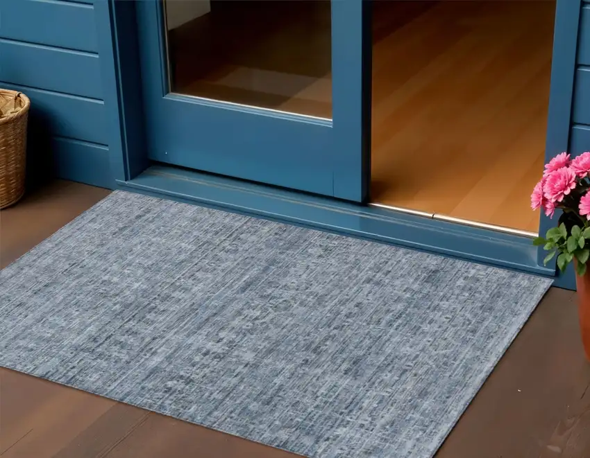 Blue And Gray Striped Washable Indoor Outdoor Area Rug Photo 2