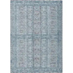 Photo of Blue And Gray Striped Washable Indoor Outdoor Area Rug