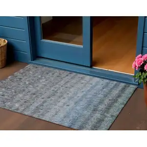 Photo of Blue And Gray Striped Washable Indoor Outdoor Area Rug