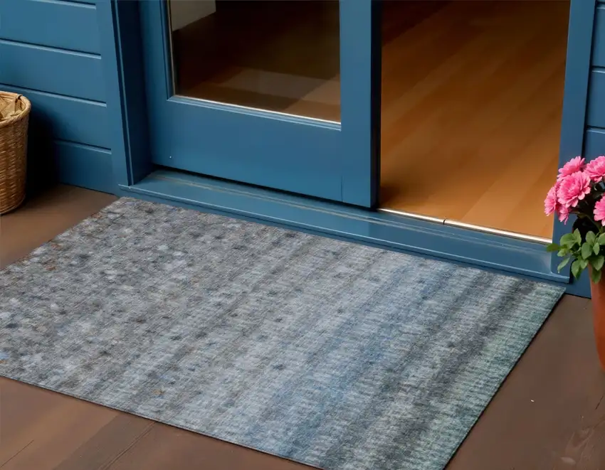 Blue And Gray Striped Washable Indoor Outdoor Area Rug Photo 1
