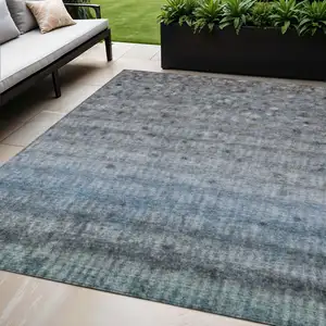 Photo of Blue And Gray Striped Washable Indoor Outdoor Area Rug