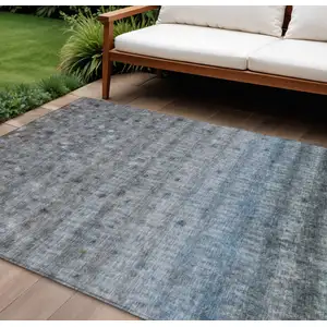 Photo of Blue And Gray Striped Washable Indoor Outdoor Area Rug