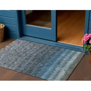 Photo of Blue And Gray Striped Washable Indoor Outdoor Area Rug