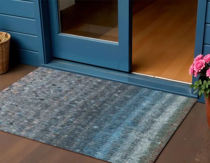 Blue And Gray Striped Washable Indoor Outdoor Area Rug Photo 1