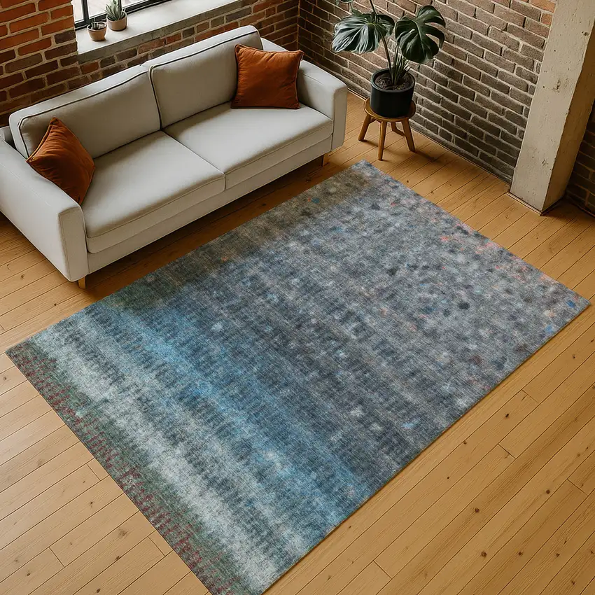 Blue And Gray Striped Washable Indoor Outdoor Area Rug Photo 9