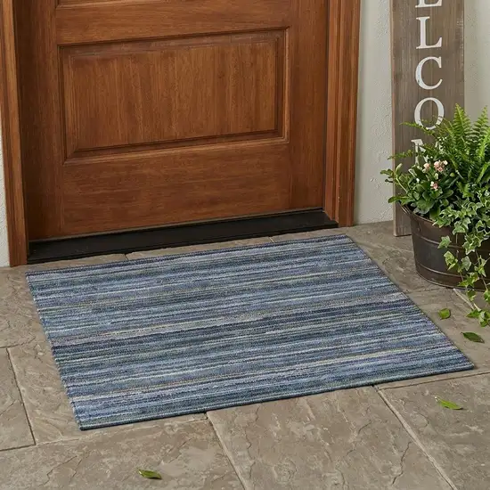 Blue And Gray Striped Washable Indoor Outdoor Area Rug Photo 1