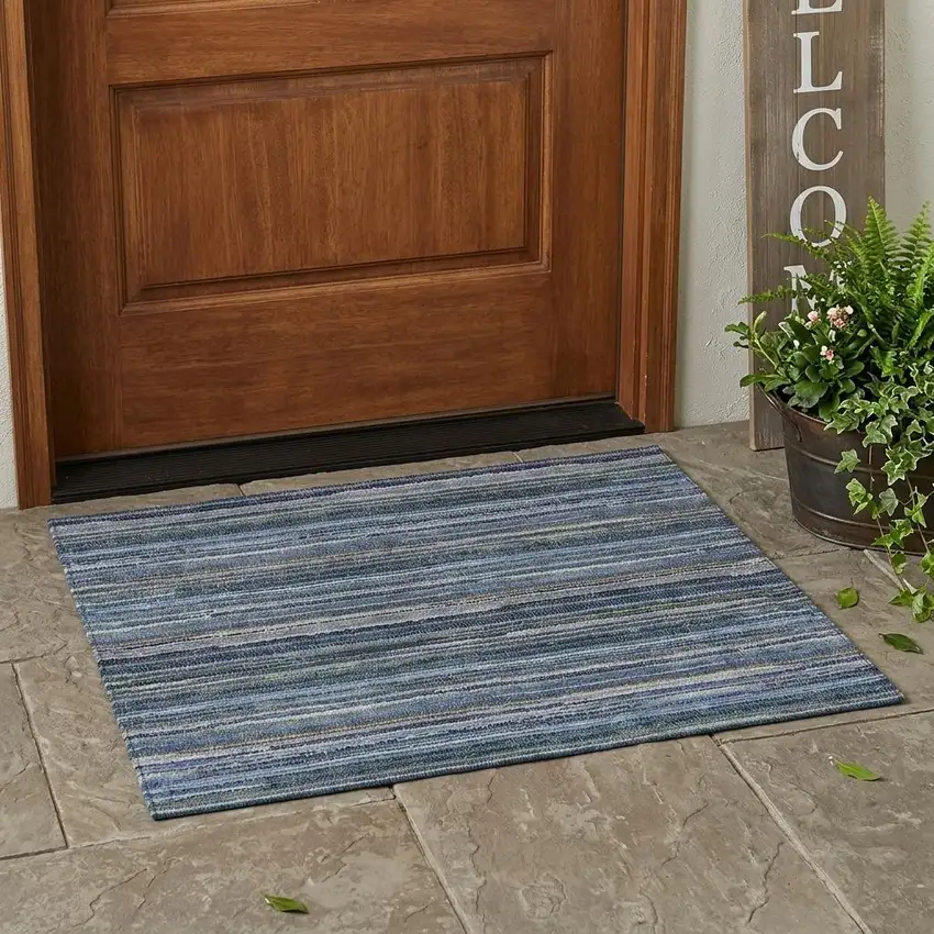 Blue And Gray Striped Washable Indoor Outdoor Area Rug Photo 1