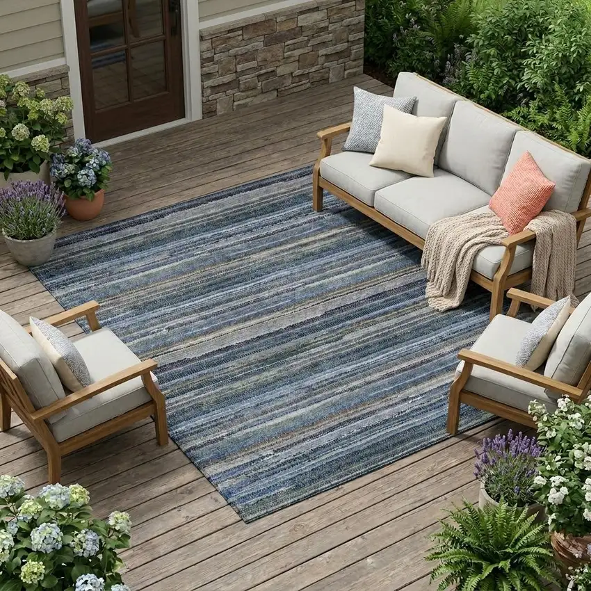 Blue And Gray Striped Washable Indoor Outdoor Area Rug Photo 1