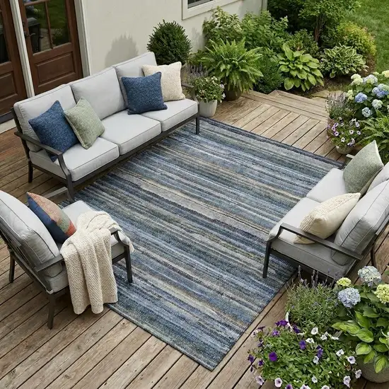 Blue And Gray Striped Washable Indoor Outdoor Area Rug Photo 1