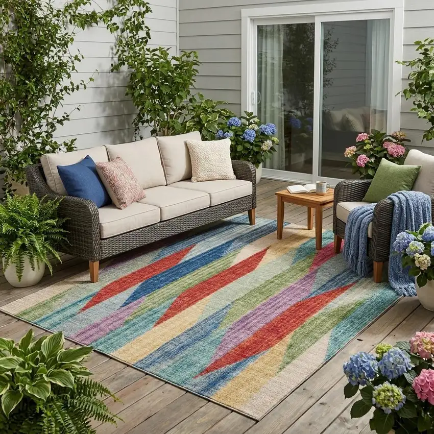 Blue And Gray Striped Washable Indoor Outdoor Area Rug Photo 1