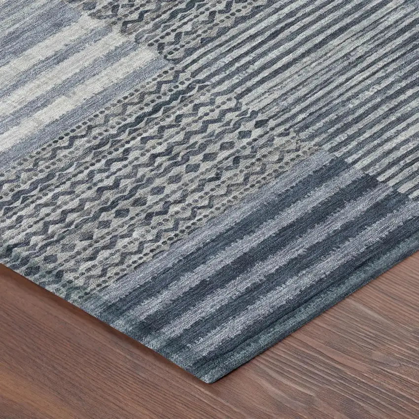 Blue And Gray Striped Washable Indoor Outdoor Area Rug Photo 5