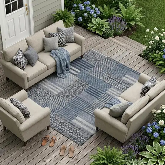Blue And Gray Striped Washable Indoor Outdoor Area Rug Photo 1