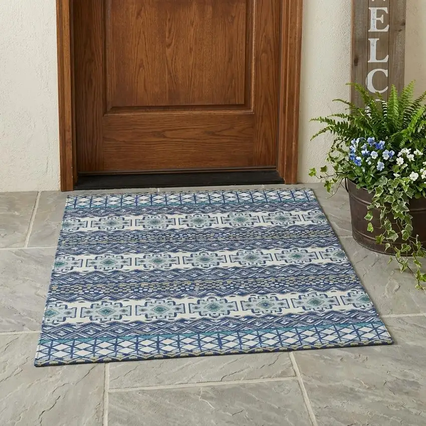 Blue And Gray Striped Washable Indoor Outdoor Area Rug Photo 1