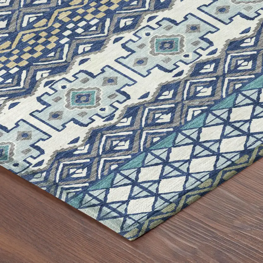 Blue And Gray Striped Washable Indoor Outdoor Area Rug Photo 3