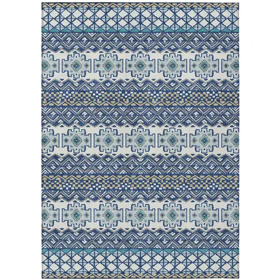 Blue And Gray Striped Washable Indoor Outdoor Area Rug Photo 2
