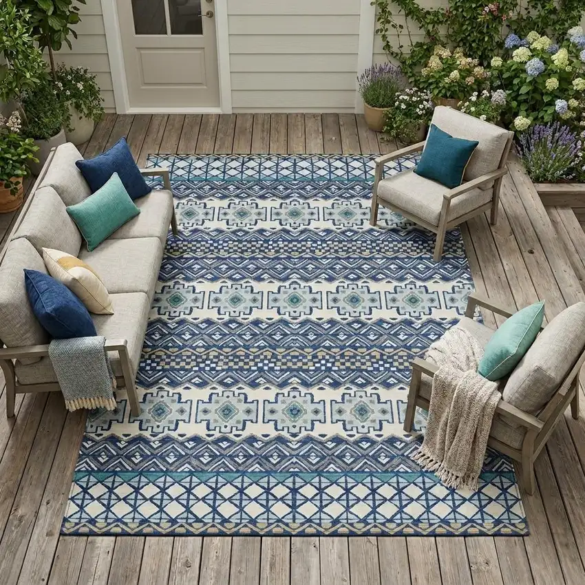 Blue And Gray Striped Washable Indoor Outdoor Area Rug Photo 1