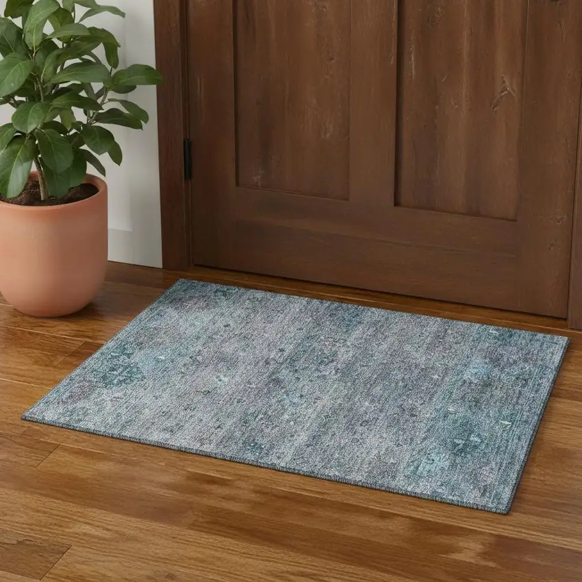 Blue And Gray Tribal Washable Area Rug With UV Protection Photo 1