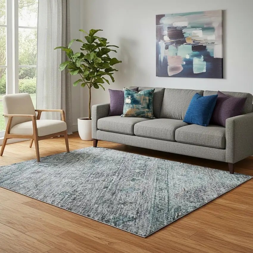 Blue And Gray Tribal Washable Area Rug With UV Protection Photo 2