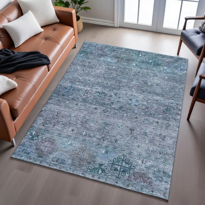 Blue And Gray Tribal Washable Area Rug With UV Protection Photo 4