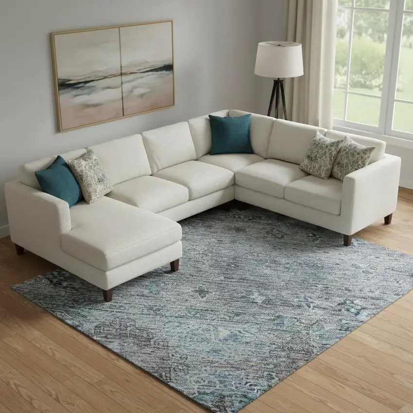 Blue And Gray Tribal Washable Area Rug With UV Protection Photo 2