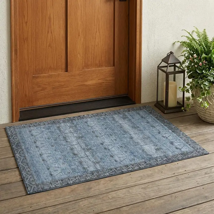 Blue And Gray Tribal Washable Indoor Outdoor Area Rug Photo 1